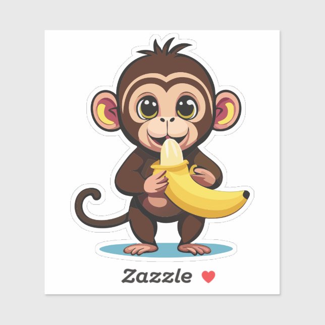 Sticker Mignonne Singe Bébé Avec Sa Banane De Repas Préfér (Feuille)