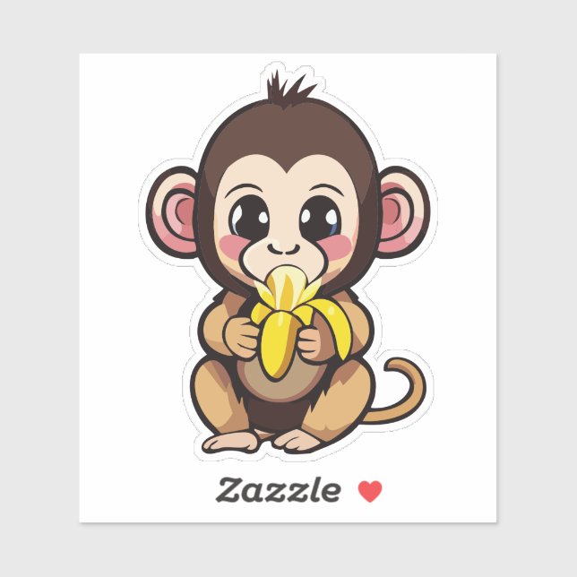 Sticker Mignonne Singe Bébé Avec Sa Banane De Repas Préfér (Feuille)