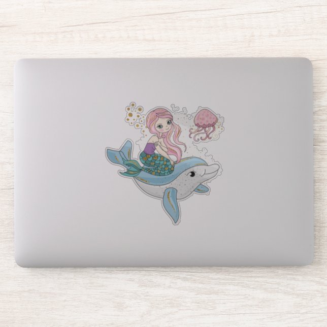 Sticker Mignonne sirène chevauchant un dauphin sous la mer (Ordinateur)