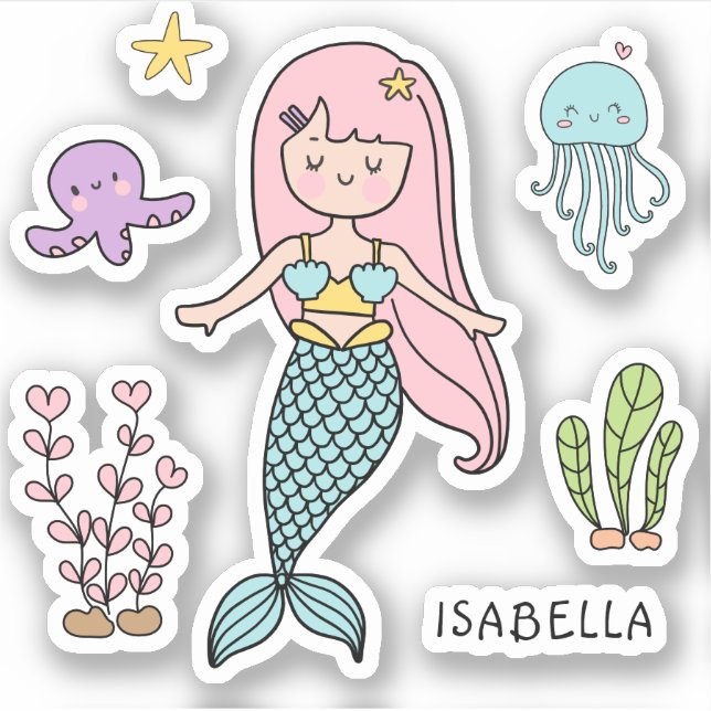 Sticker Mignonne Sirène Whimsical Girl Nom personnalisé (Devant)