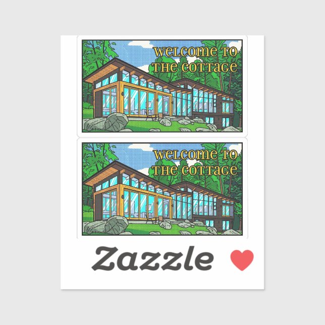 Sticker Modern Pop Art Forest Cabin Mid-Century Comic (Feuille)