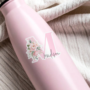 Sticker Moderne Élégant rose Floral Nom initial Monogramme