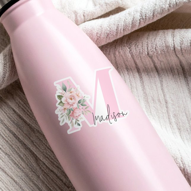 Sticker Moderne Élégant rose Floral Nom initial Monogramme (Créateur téléchargé)