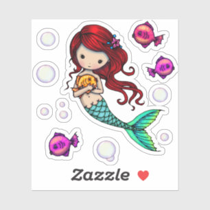 Sticker Monde Fantaisiste Douce Sirène avec Poisson et Bul