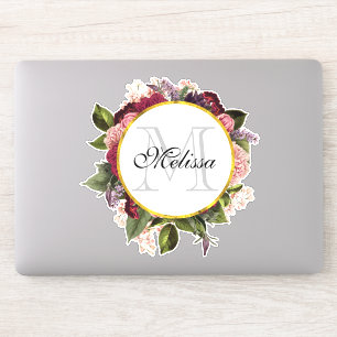 Sticker Monogramme de Bourgogne rose et fleurs vertes