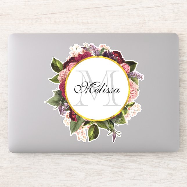 Sticker Monogramme de Bourgogne rose et fleurs vertes (Ordinateur)