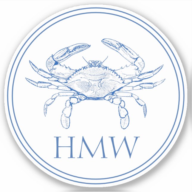 Sticker Monogramme de crabe bleu et blanc côtier (Devant)