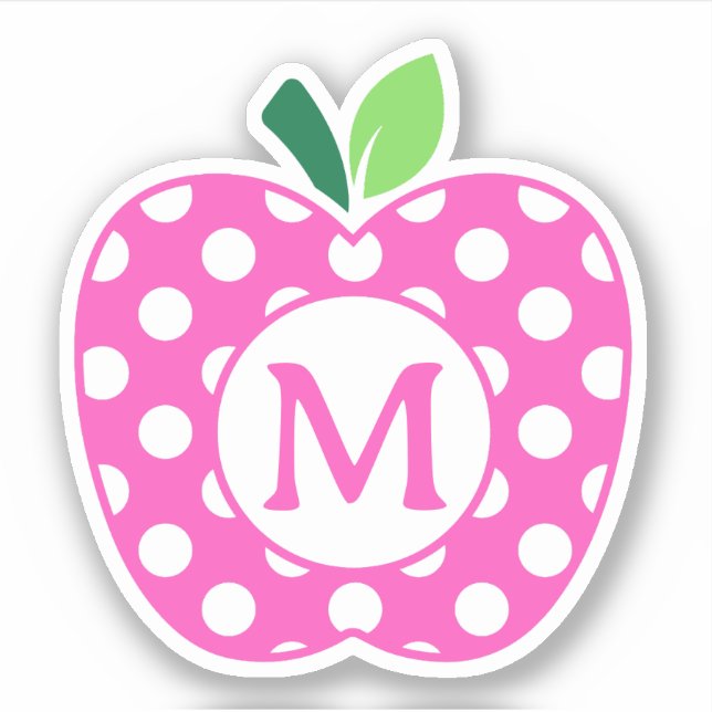 Sticker Monogramme de pomme rose et vert Polka Dot (Devant)