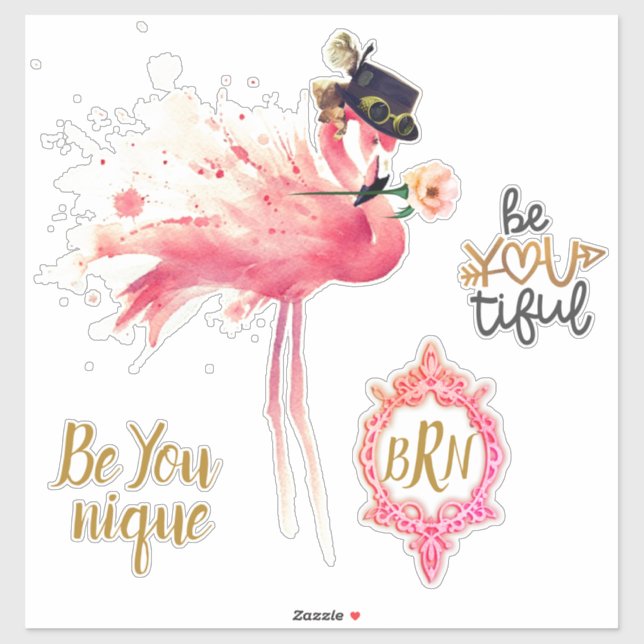 Sticker Monogramme Flamant rose "Be You tik" Steampunk Vin (Feuille)