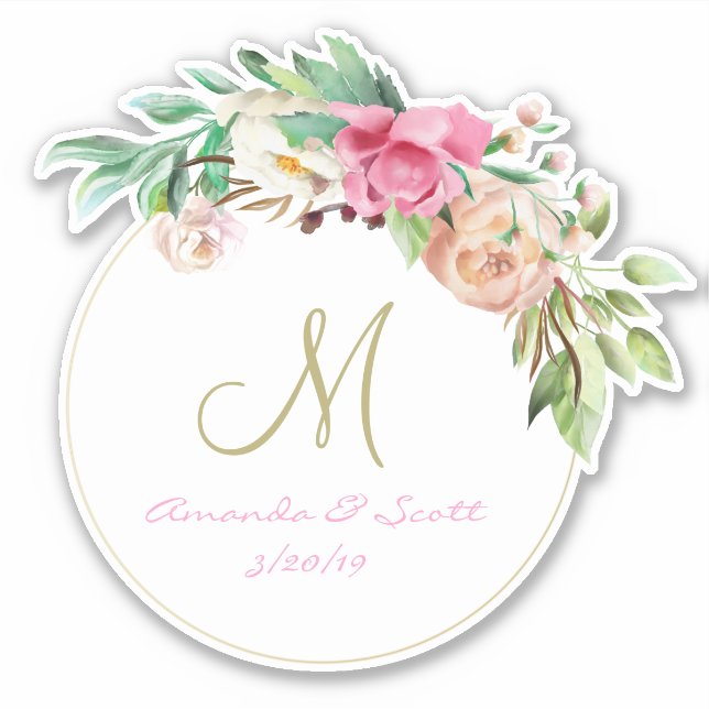 Sticker Monogramme floral mariage coupé Wreath (Devant)