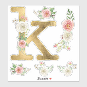 Sticker Monogramme K Or Blush Rose Blanc Floral Aquarelle