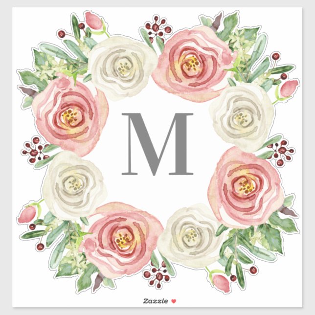 Sticker Monogramme M Mariage Aquarelle Rose Floral Wreath (Feuille)