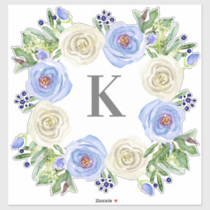 Sticker Monogramme M Mariage Bleu n Rose blanche Floral Wr