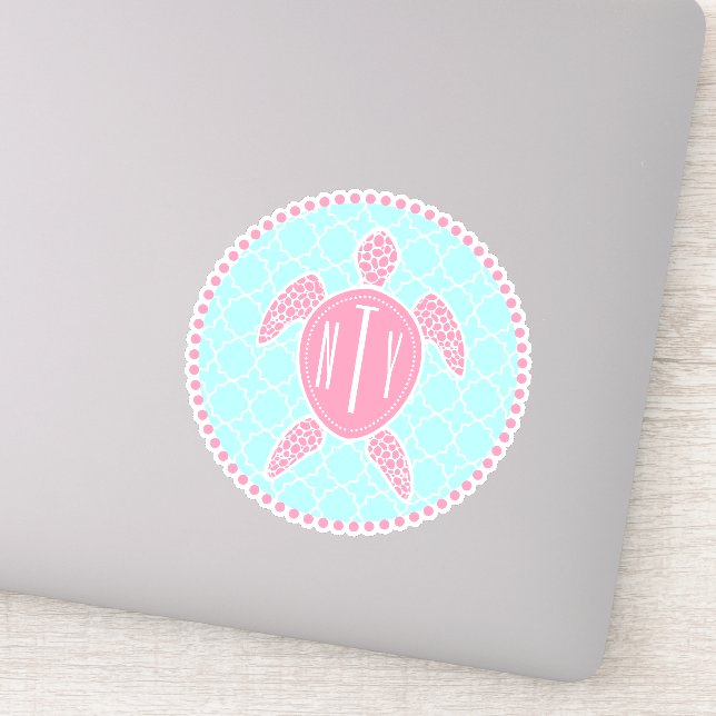 Sticker Monogramme rose bleu Preppy Quatrefoil (Détail)