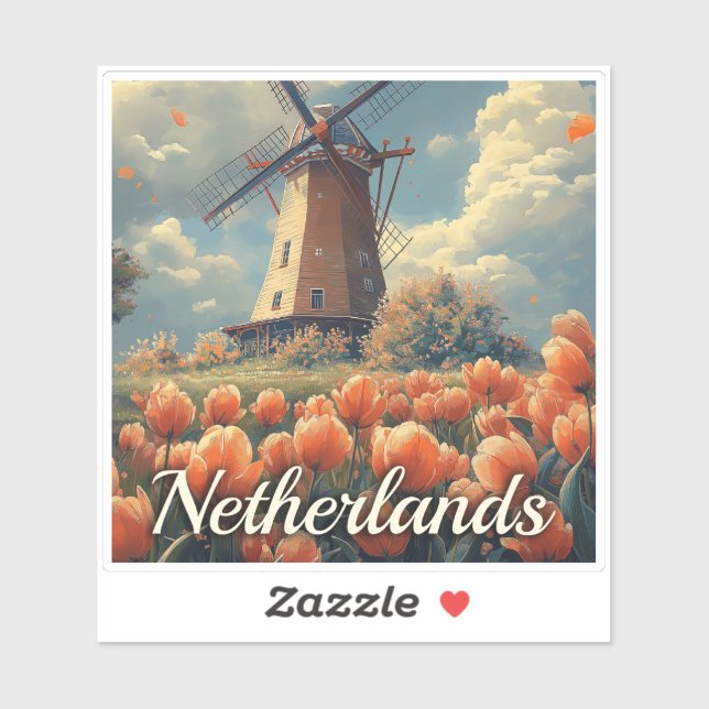 Sticker Moulin à vin néerlandais vintage : Tulipes et char (Feuille)