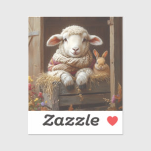 Sticker Moutons et lapin douillets en Grange avec Fleurs