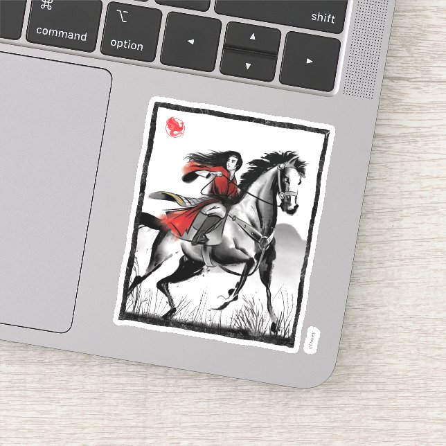 Sticker Mulan Riding Vent Noir encadré Aquarelle (Détail)