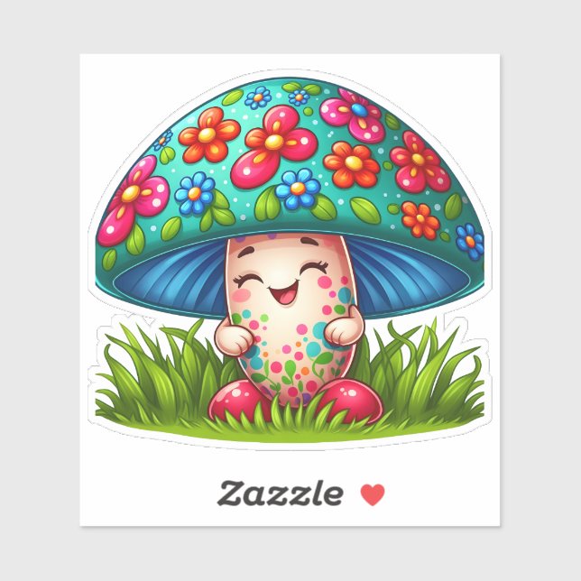 Sticker Mushroom Character With Flowers and Grass (Feuille)