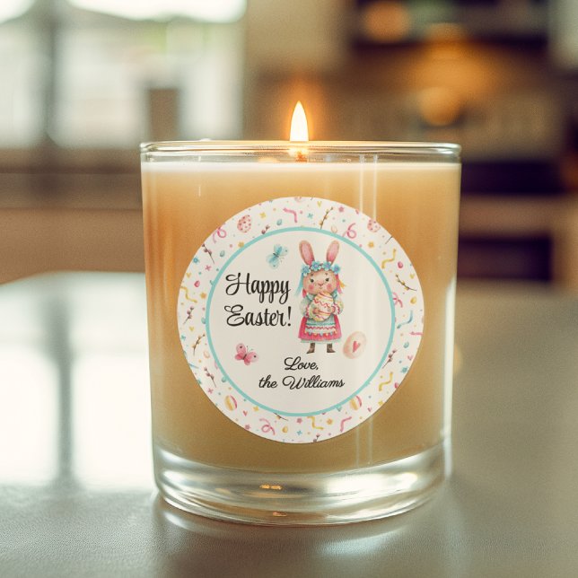 Sticker, Name | 3-in Cute Happy Easter Miss Bunny Classic Round Sticker (Creator Uploaded)