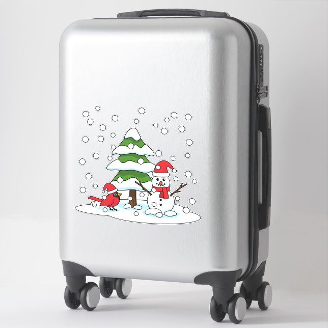 Sticker Neige tombant sur Cardinal, Snowman et Pine Tree (Sur valise)