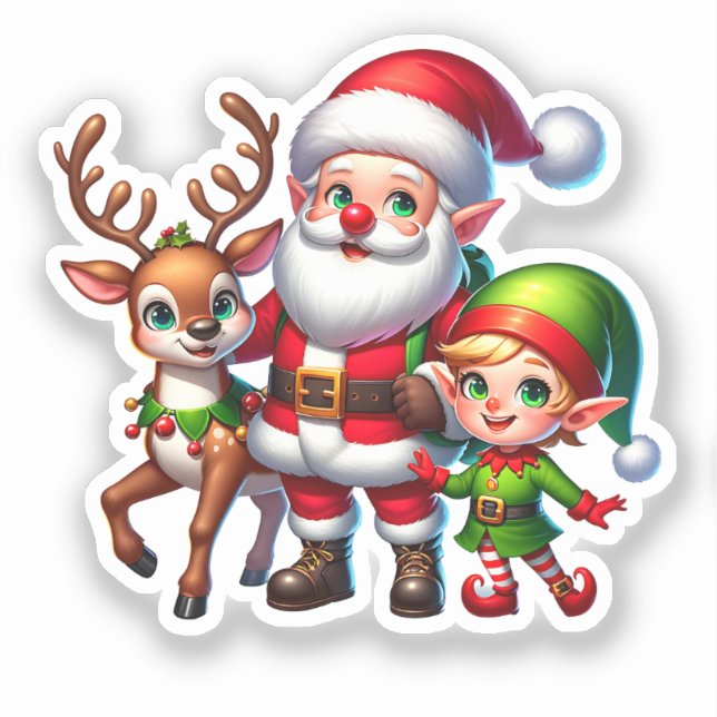 Sticker Noël de la mignonne Chibi Père Noël, Elfe et Renne (Recto)