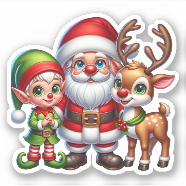 Sticker Noël des mignons Père Noël, Elfe et Rennes (Devant)