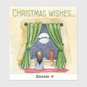 Sticker Noël Souhaite Mignonne Enfant & Kitty Chat Noël