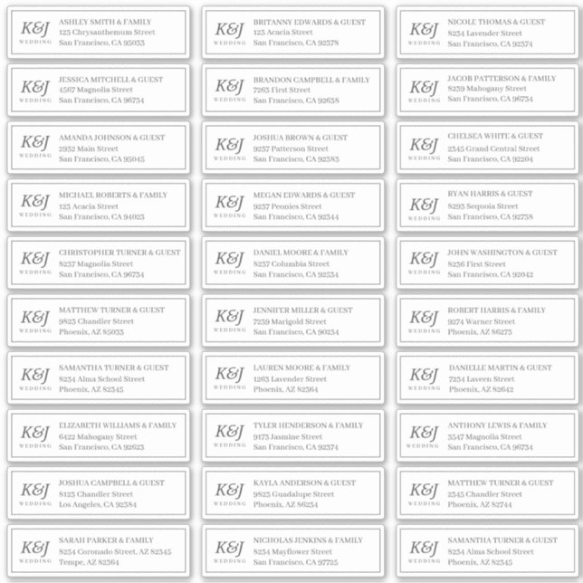 Sticker Nom d'invité Mariage Monogramme classique Adresse (Devant)