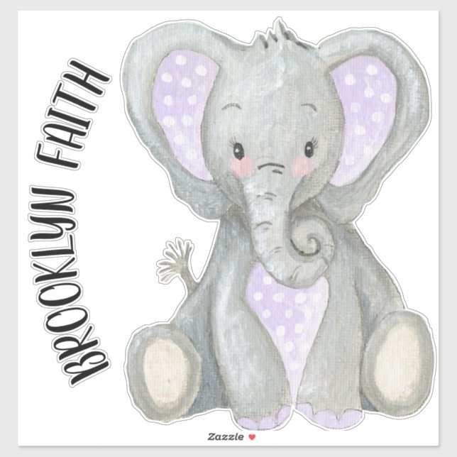 Sticker Nom du bébé mignon adorable Lavande peinte Eléphan (Feuille)