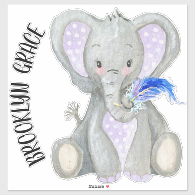 Sticker Nom du bébé mignonne adorable Plumes Lavande Eléph (Feuille)