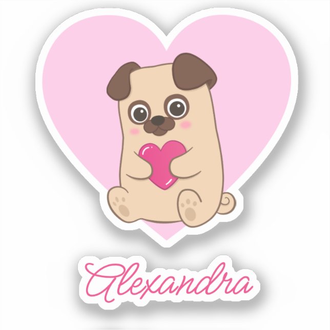 Sticker Nom du Carlin de coeur rose Kawaii Cute personnali (Recto)