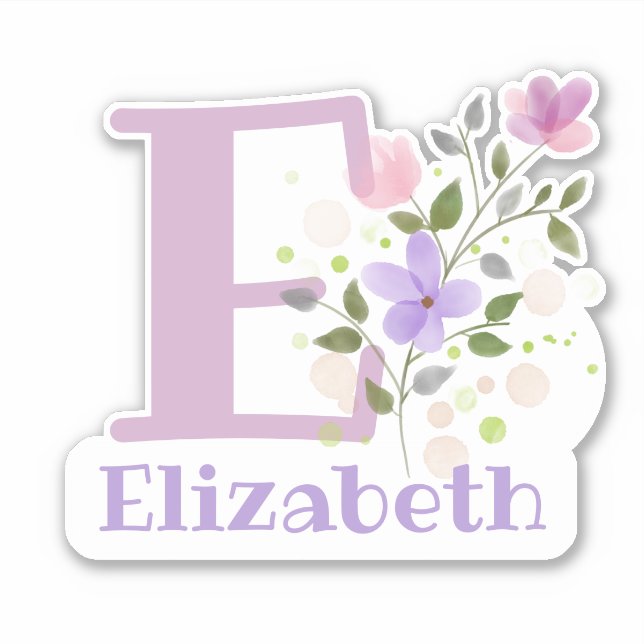 Sticker Nom Elizabeth plus Initial avec Floral Design (Devant)