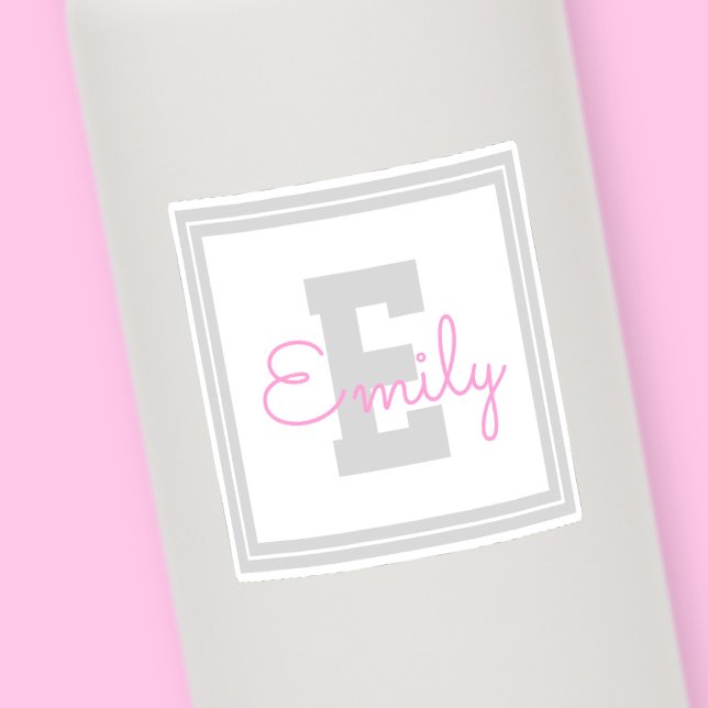 Sticker Nom et monogramme encadrés | Gris clair et rose (Créateur téléchargé)