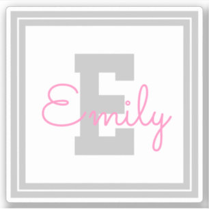 Sticker Nom et monogramme encadrés   Gris clair et rose