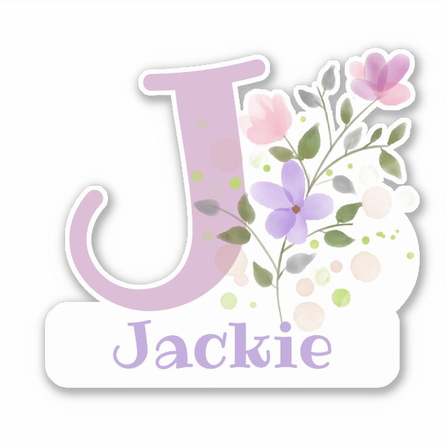 Sticker Nom Jackie plus Initial avec Floral Design (Devant)