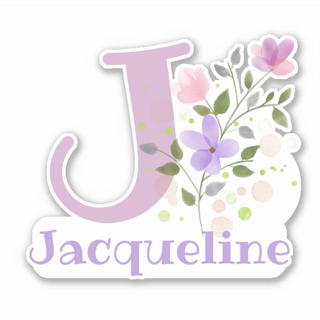 Sticker Nom Jacqueline & Initiale avec Design Floral (Devant)