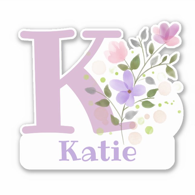 Sticker Nom Katie & Initial avec design floral (Devant)