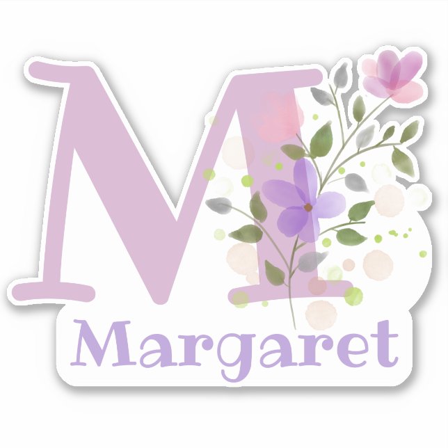 Sticker Nom Margaret plus Initial avec Floral Design (Devant)