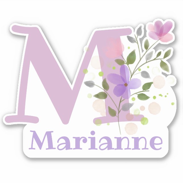 Sticker Nom Marianne & Initial avec design floral (Devant)
