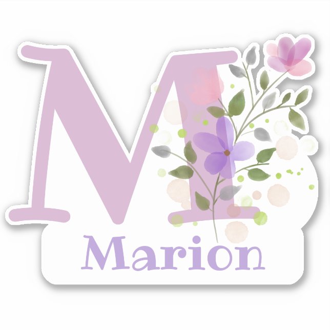 Sticker Nom Marion Plus Initial avec design floral (Devant)