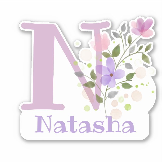 Sticker Nom Natasha & Initial avec design floral (Devant)
