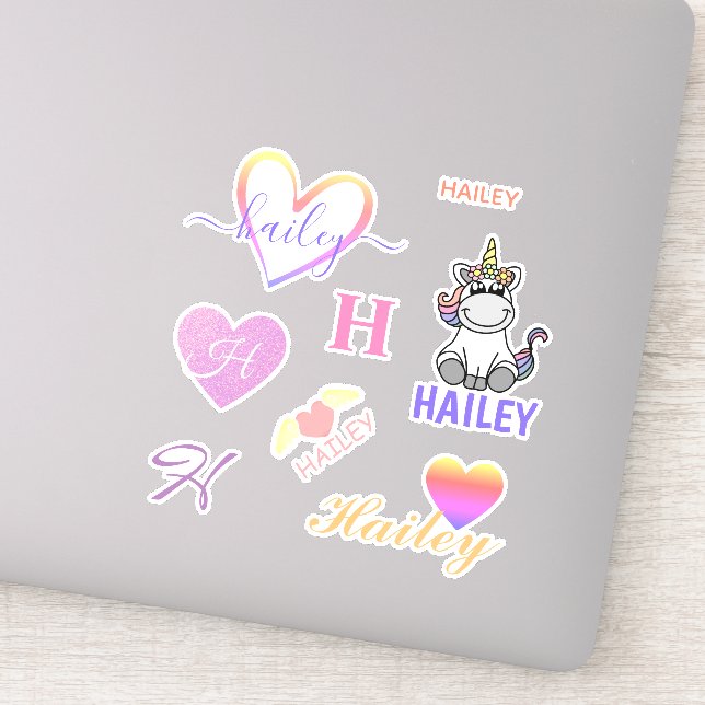 Sticker Nom Personnalisé Cute Unicorn Arc-en-ciel différen (Détail)