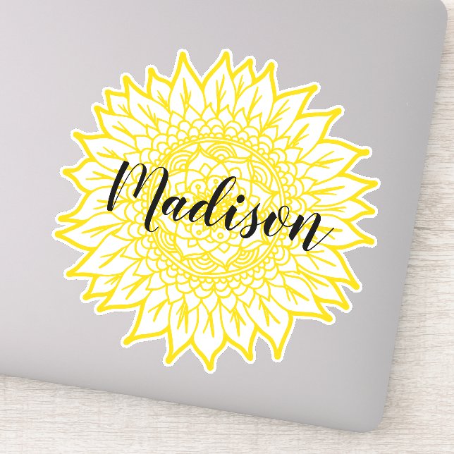 Sticker Nom personnalisé Fleur de tournesol jaune Mandala (Détail)