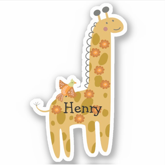 Sticker Nom personnalisé Giraffe Oiseau & Fleurs Ordinateu (Devant)