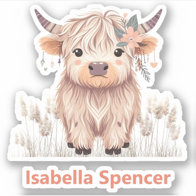 Sticker Nom personnalisé Girl mignonne Modern Highland Cow (Devant)