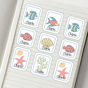 Sticker Nom Tags Cute Under Water Theme Poissons Plantes