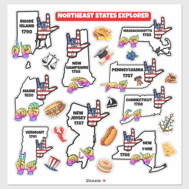 Sticker Northeast States – Learn with ASL & Fun Icons (Feuille)