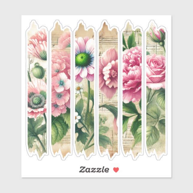 Sticker Nostalgale rose et florale verte Lecteur de bande  (Feuille)