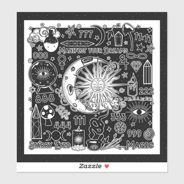 Sticker Numérologie chanceuse Manifestation Magie noir & b (Feuille)