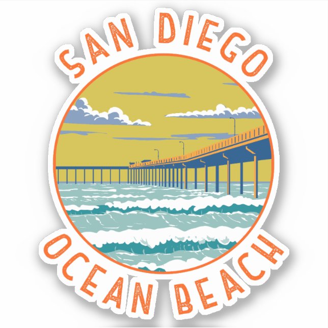 Sticker Ocean Beach San Diego Travel Art Vintage (Devant)